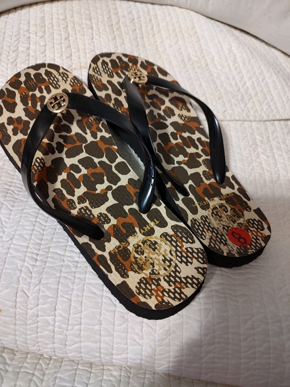 Tory Burch Leopard Print Logo Flip Flops - Black & Brown - Picture 7 of 10